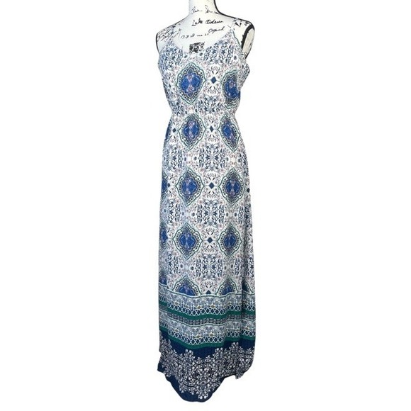 Skies Are Blue Anthro Boho Maxi Dress Blue White Paisley Print Smock Back M - Picture 1 of 8